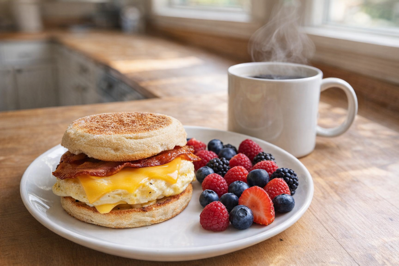 A breakfast sandwich plated on a white plate with a side of fresh berries and a steaming mug of coffee, shot in bright daylight from a slightly elevated angle.